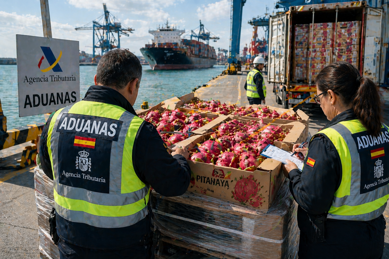 Cargamento de pitahaya en puerto español con inspección aduanera