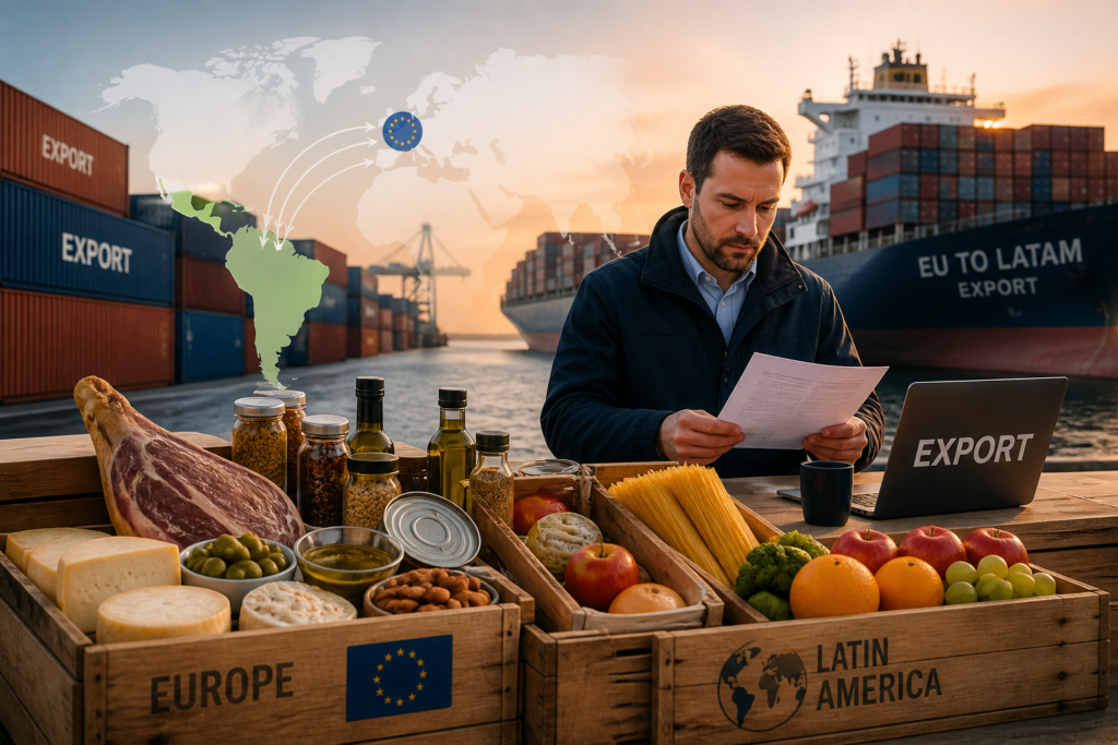 Exportación de productos agroalimentarios desde Europa a Latinoamérica con operador logístico revisando documentos en puerto marítimo